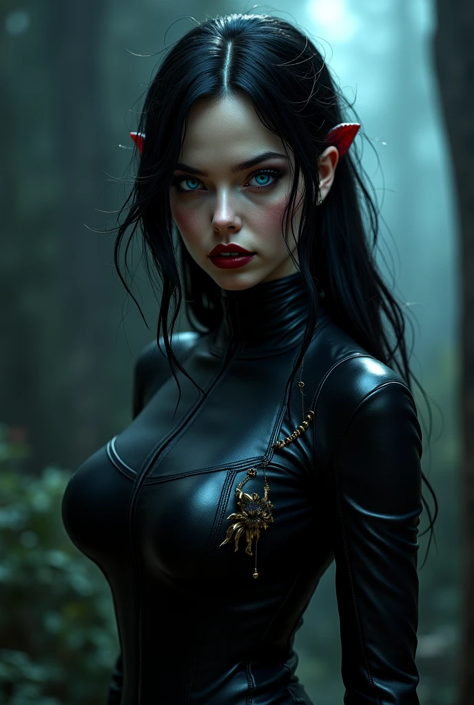 ((perfect anatomy:1.2,realistic:1.3,RAW Photography:1.3,masterpiece、highest quality、Ultra - High resolution、High resolution、Highly detailed CG、8K)),full body,1 female daemon ((beautiful detailed face and eyes:1.2,big gorgeous eyes:1.2)), white very long hair, Focus on a stunning, alluring face with captivating eyes, small breasts, (((exposed breasts))), unzipped:1.2, ((breasts popping out)), ((costume is unzipped from her chest to her vagina)), narrow waist, wide hips ((bare chest)), slender body, thigh gap, small head:1.5,skinny, (oily skin,gleaming skin,pale skin,sweat:1.2), Body should be overtly sexual, with revealing attire or nudity. Emphasize a sultry, provocative expression. Skin tone should be a pale white, Succubus-like features are desired, NSFW not safe for work, show full body, she is leaning against a moss-covered tree trunk,