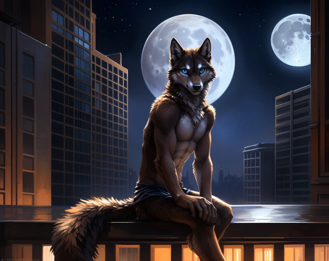 ((Solo)), male people, anthro wolf, (Multi-colored fur, White-brown:1.3), ((Wolf face, Big eyes, White eyelids, Blue pupil, Slim:1.2) (Tough, Calm expression:1.2)), (Height 2.1 meters,Tail length 1.5m), Abs, Slim, pinging, (Correct anatomy), (Contour bone:1.2), The upper body is naked, (detailed outfits), a long large tail,Feet,(Realistic fur, Detailed fur texture, labeled:1.3)), (Natural lighting), Photorealistic, Hyperrealistic, ultradetailed, by Kenket,In the modern city,Roof,the night,Sit alone,Look at the full moon,It was dark,Starry