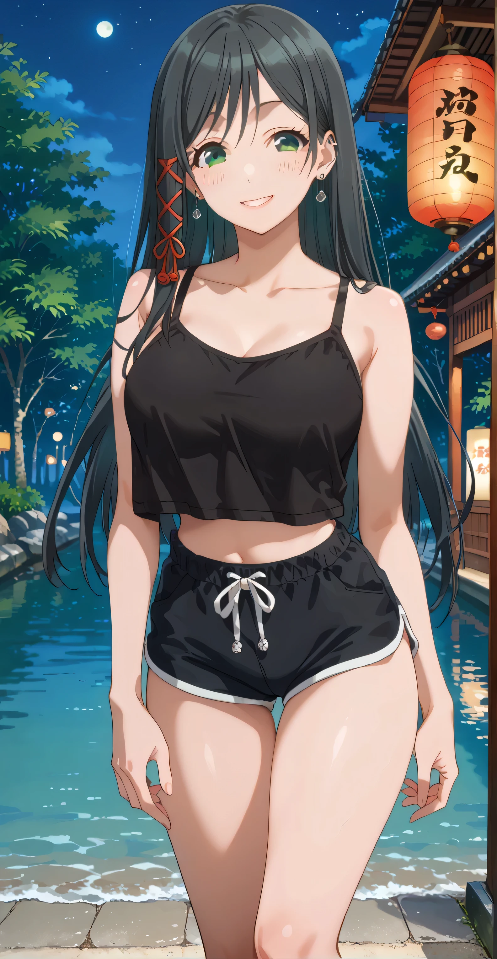 ((Random porn pose)), Yae amagami , Black hair, long hair, green eyes, earrings, ear piercing, score_9, score_8_up, score_7_up, source_anime, masterpiece,best quality, big breasts, seductive smile, blush (dolphin shorts, Black Spaghetti strap, crop top overhang, cleavager, ), (masterpiece best quality:1.2), looking at viewers, delicate illustration ultra-detailed,) BREAK, Japanese outdoors, night, detailed background.