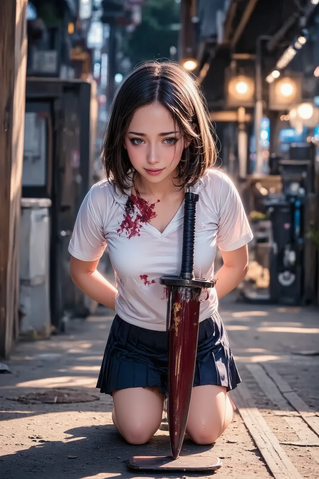 (8K, RAW Photos, highest quality, masterpiece:1.2), (Realistic, Photorealistic:1.37), Ultra-detailed, 超A high resolution, (Battle Royale Heroine), (A beautiful 15-year-old Japanese high school student desperately fleeing from enemies on a deserted island), Fearful expression, School uniforms, uniform, Torn, dirty and tattered sailor uniform, Disheveled clothing, Torn cloth, (Heavily bloodstained clothing:1.5), Short pleated skirt, Torn Skirt, Dirty Hair, Dirty Face, Dirty Skin, (Skin covered in blood:1.5), Riding on mountain roads, Stunningly beautiful face, Dynamic Angle, Dynamic Lighting, (Holding a machete:1.3), (Detailed eyes and face), (Detailed hands and legs), (Perfect Anatomy)