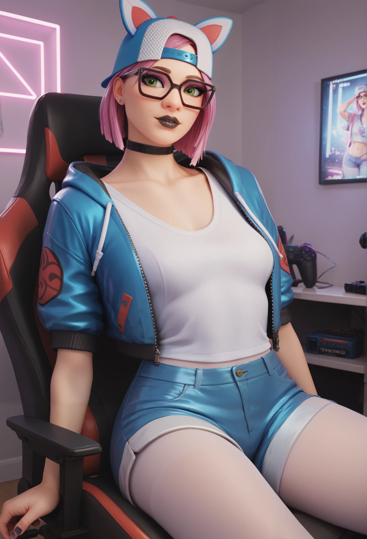 girl (Masterpiece),choker ,black lips,cap,evening (alone )loose V-neck T-shirt,blue jacket (white pantyhose, with shorts), gaming,gamer room, with neon light ,beautiful green eyes, short pink hair, glasses
INFO