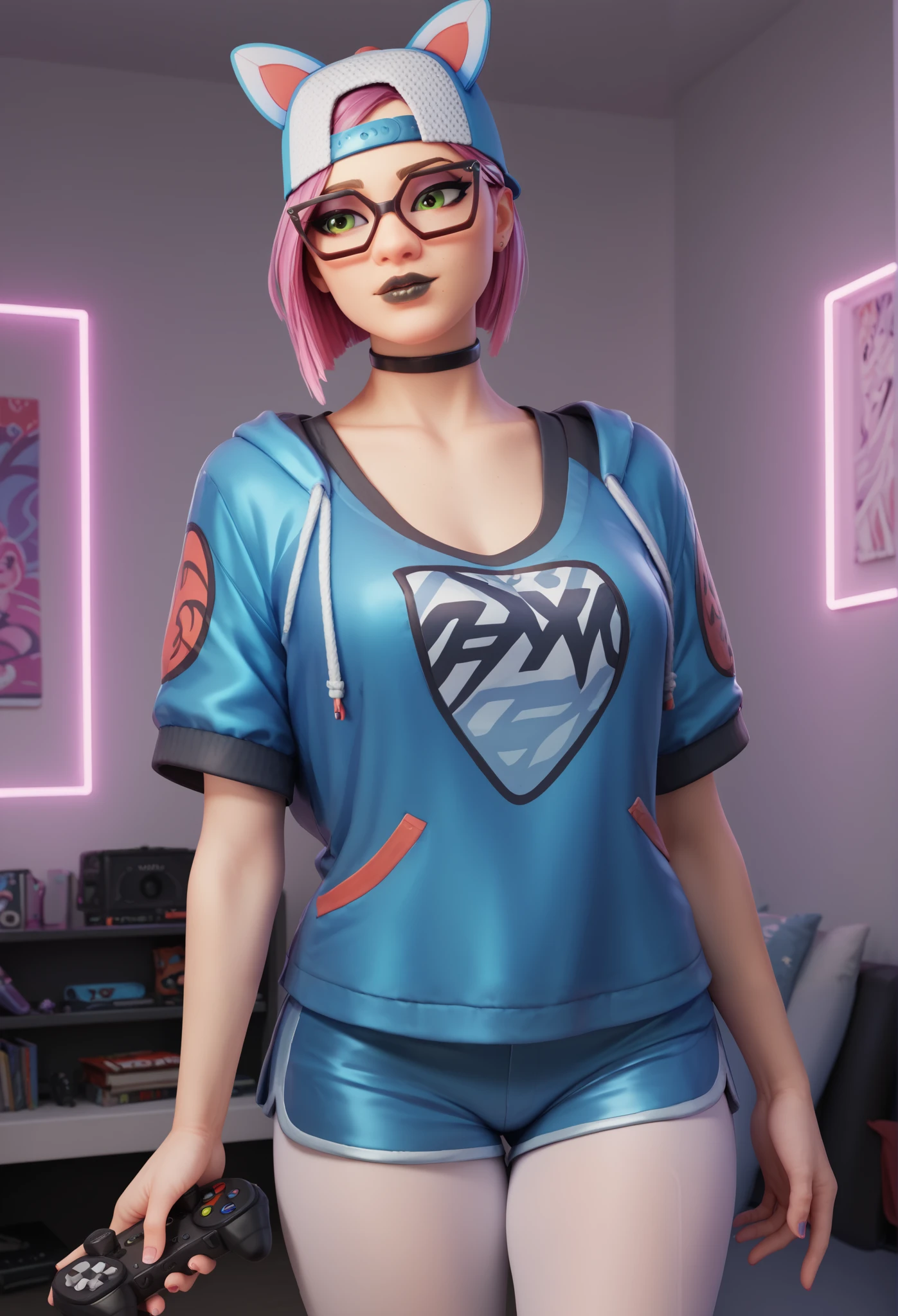 girl (Masterpiece),choker ,black lips,cap,evening (alone )loose V-neck T-shirt,blue jacket (white pantyhose, with shorts), gaming,gamer room, with neon light ,beautiful green eyes, short pink hair, glasses
INFO