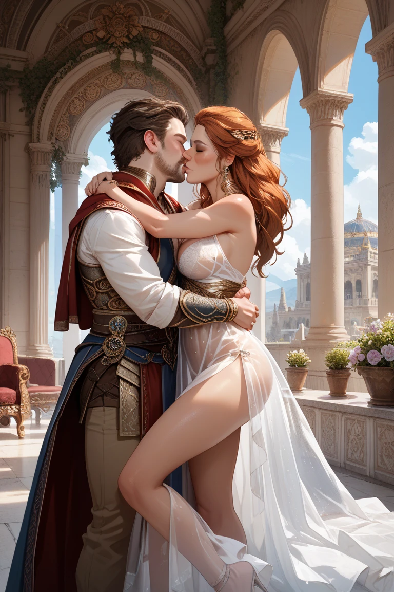 A colorful spirograph drawing. Vibrant color palette. Intricate. Highly detailed. By Guillaume Seignac, Daniel F Gerhartz, Paul Fischer, and Bastien Lecouffe-Deharme. A painting of an alluring couple. Cinematic lighting. Chiaroscuro. Volumetric lighting. Highly detailed. Realistic. By Rebecca Guay, Alphonse Mucha, Karol Bak and Gaston Bussire.