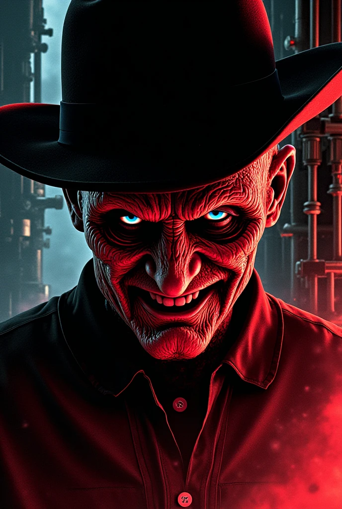 1 man, white skin, sinister smile, no eyebrows, black hat, black coat, tall man, white skin, pale skin, desert, sunset, red sky, Judge Holden, Bloody Merridian, yellow teeth, red eyes, crazy look