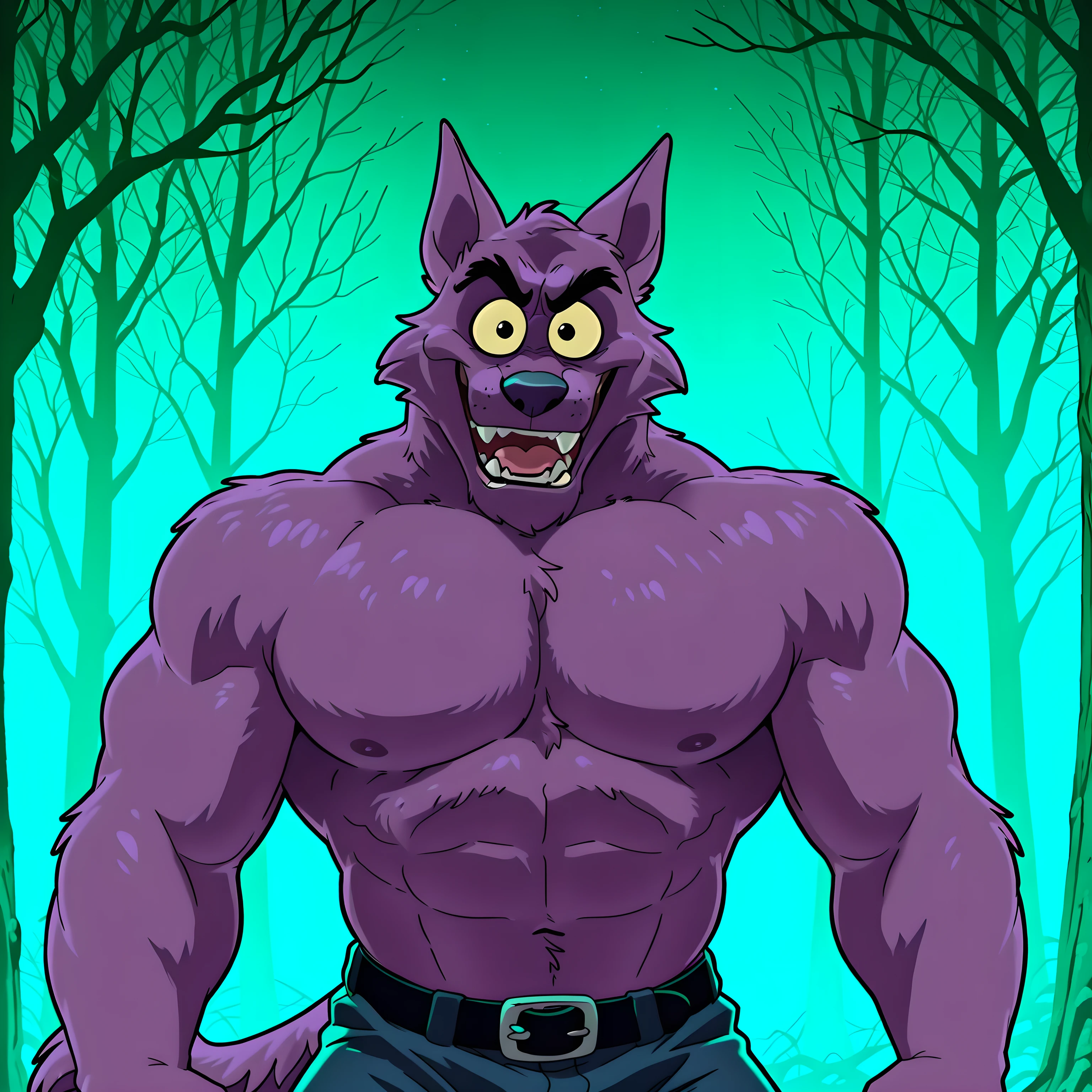 Bernard, Bernard_Mettle, werewolf, purple fur, yellow sclera, shirtless, furry chest, black belt, dark blue pants, muscular, proud, strong, night background, dark forest, scary forest, half body, by anhes, looking at viewer, speaking, open mouth, big body, angry eyes