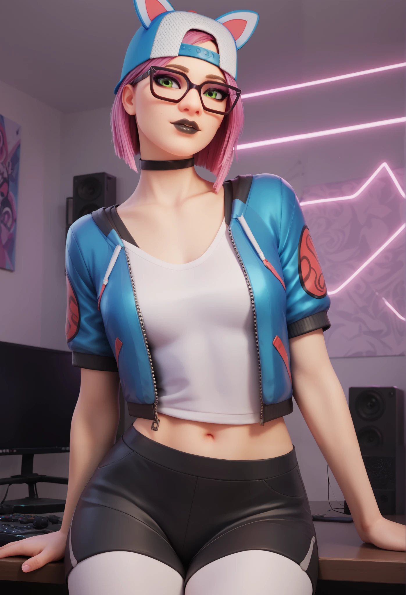 girl (Masterpiece),choker ,black lips,cap,evening (alone )loose V-neck T-shirt,blue jacket (black shorts with white leggings), gaming,gamer room, with neon light ,beautiful green eyes, short pink hair, glasses

INFO