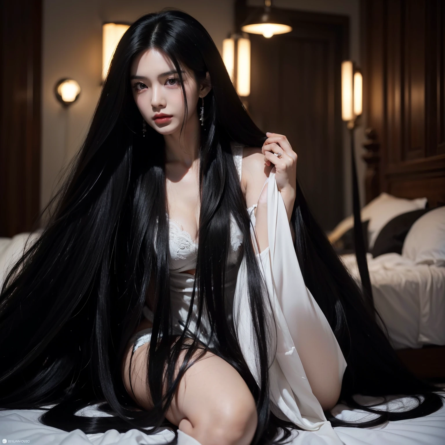 (Top image quality、top-quality、Top resolution、hyper realistic photography、Full body photo、masterpiece、)Two girls、Super beautiful beauty with amazingly long black hair、hair length about 3 meters、White underwear or naked、Hide the whole body with straight black hair、Very beautiful face、well-groomed beautiful black hair、very large amount of hair、She has very long black hair that emphasizes her sex appeal as a woman、slim figure、Lustrous beautiful hair、Bright lighting、profetional lighting、Winner of the World Long Hair Contest、Full body real photo、Head-to-toe photo、Photo taken from about 4 meters away、Super Real、Stand up straight、Two hands、2 legs、5 fingers、The longest black hair in the world、lying in bed with long hair spread、Long hair spread out on the bed overflows from the bed、Hair is heavy and tired、Hair longer than Rapunzel、very large amount of hair、Lying face down on the bed、She hides her whole body with very long black hair、Hair that is shampooed every day is very clean、Hair smells of roses、Female sex appeal lies in very long black hair、The attractiveness of women lies in very long black hair、Long black hair is a symbol of beauty、My pride is very long black hair、This long hair length and amount is admired all over the world、I am in the process of forcibly cutting this long black hair from the hairline.、This long hair sells for a high price、Cutting my long black hair is a very beautiful woman、