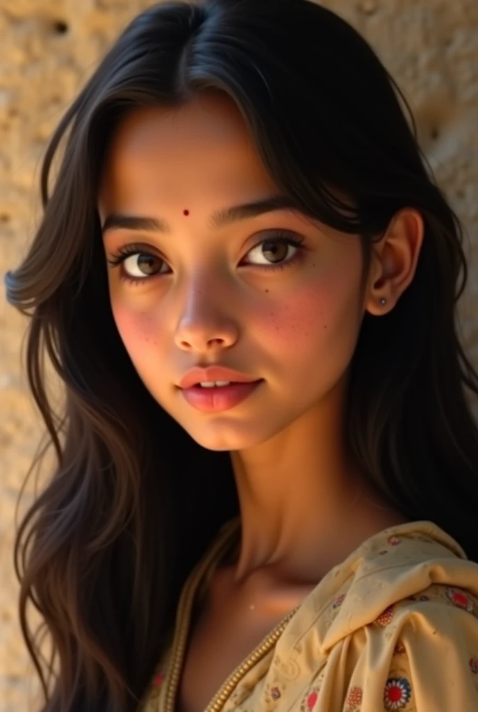 A girl with natural beauty and long hair she is a Kerala girl that girl was zero makeup she is a Christian girl she have a jesus cross pendant in she's neck she have a red saree she was medium sized body she have a small smile she's face shape is square. She have blue eyes she has a Kerala girl