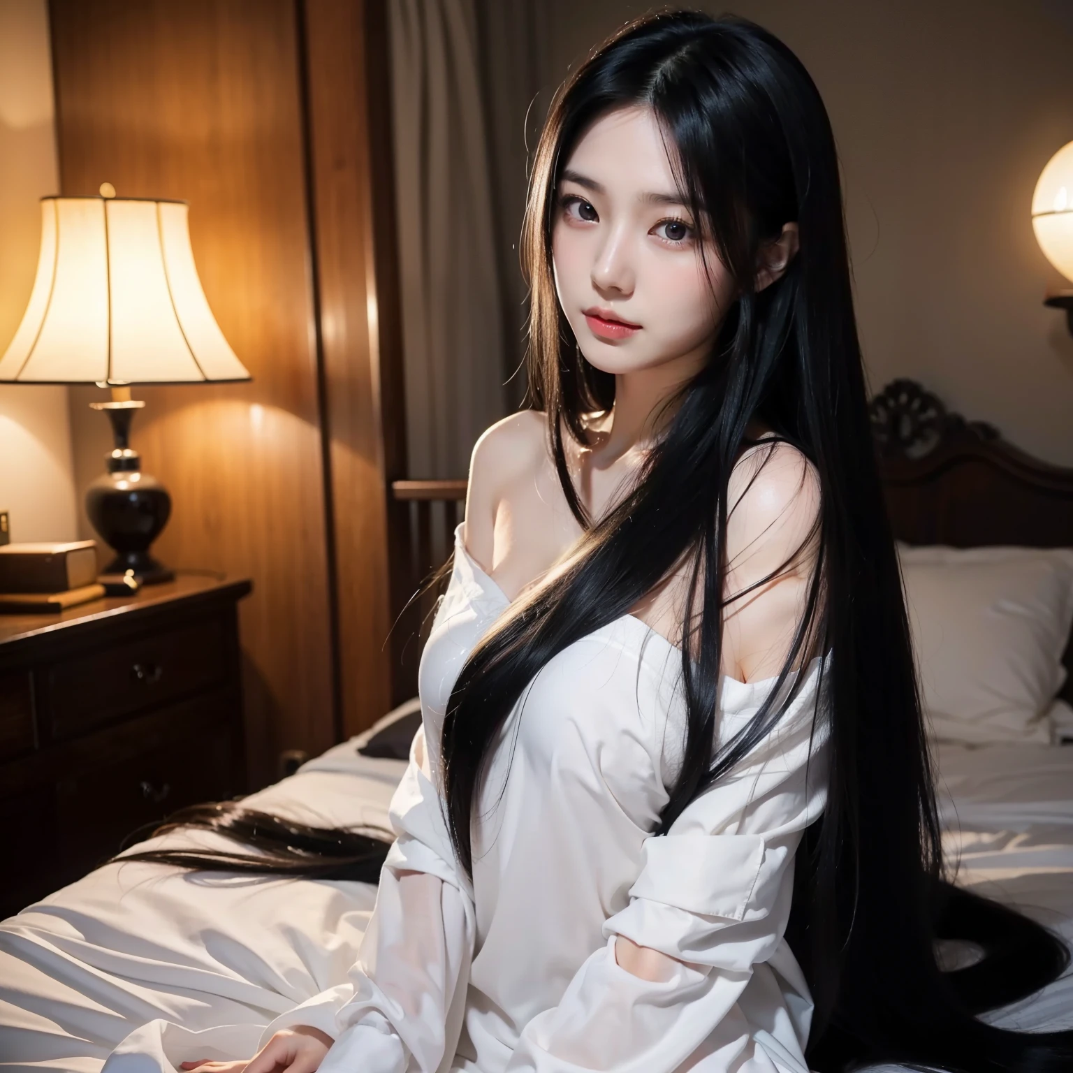 A beautiful woman with very long black hair。straight black hair。The location is on the bed。Black hair is about 5 meters long。naked。I'm having trouble with my black hair being too long。Her long black hair always wraps around her body.。I want to cut my long black hair into a very short one.。Her long black hair is cut short。Her long, cut black hair is scattered on the bed.。