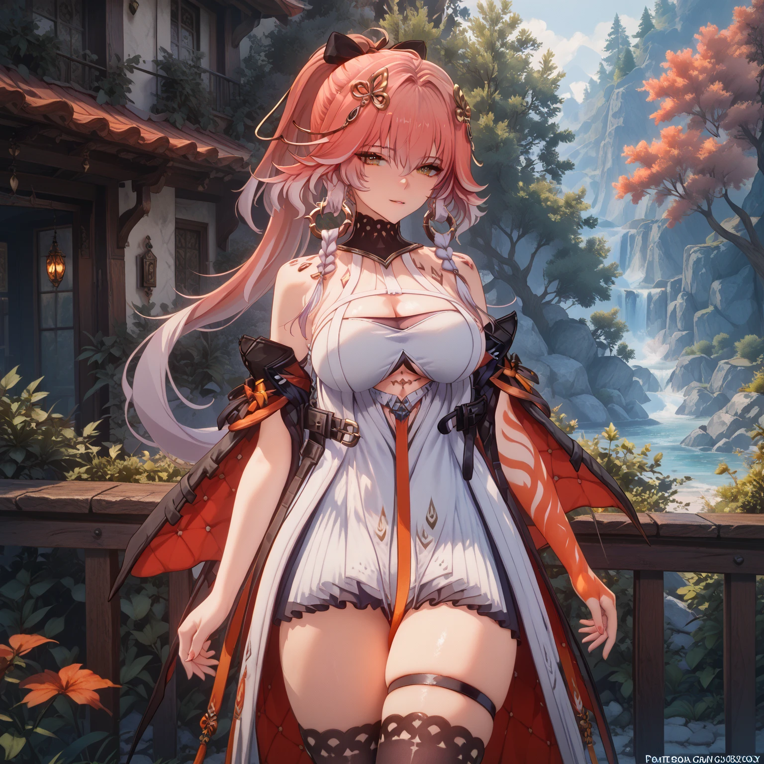 ((full body, standing):1.5), {((1 woman))}, {((wearing brown leather indian clothes, extremely tight and short in the body, short leather shorts and short velvet)), (( big breasts):2), ((short pink hair, mohawk, sparkling blue eyes, wearing small feathered headdress)), ((looking at viewer, maniacal smile, making erotic pose, holding a bow and arrow)) , ((in an indigenous village, cloudy sky, it's daytime, plants and flowers, Indians of different ethnicities))}