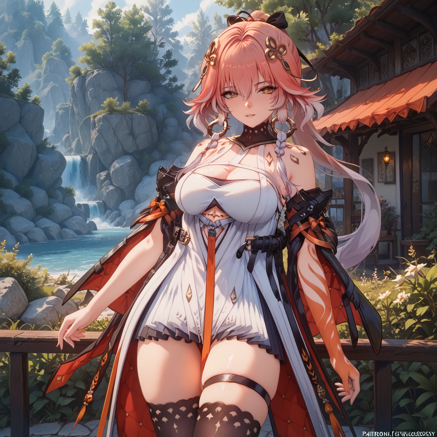 <lora:OtoriEmu-02:0.7> ,wdhemu, 1girl, smile, short hair, open mouth, cleavage, jewelry, medium breasts, sitting, pink hair, :d, outdoors, detached sleeves, horns, sky, shorts, pink eyes, water, tree, tattoo, night, animal, sandals, bug, fire, butterfly, star (sky), nature, night sky, bridal gauntlets, starry sky, tribal