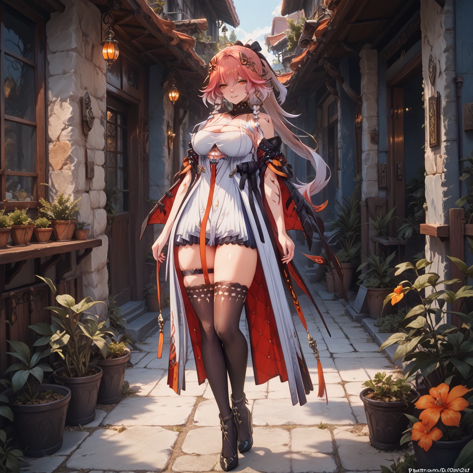 (1woman,full body,(Thin type),beautiful breasts,(large breasts:1.5),pale skin,pointy breasts,(erect nipples),sweat),((clothed:1.2),leather boots,(carbon white armor:1.5),(red embroidered white lace dress:1.5),(see through:1.2),(long silk sarong:1.5))),(((realistic),high resolution,best quality,masterpiece)),((extra long hair:1.5),hair blowing in the wind,Swept bangs,(extra light coppery red hair,white streaked hair:1.2,highlight color),hair over one eye),(stand facing forward:1.5),(battoujutsu stance:1.5,bastard sword)