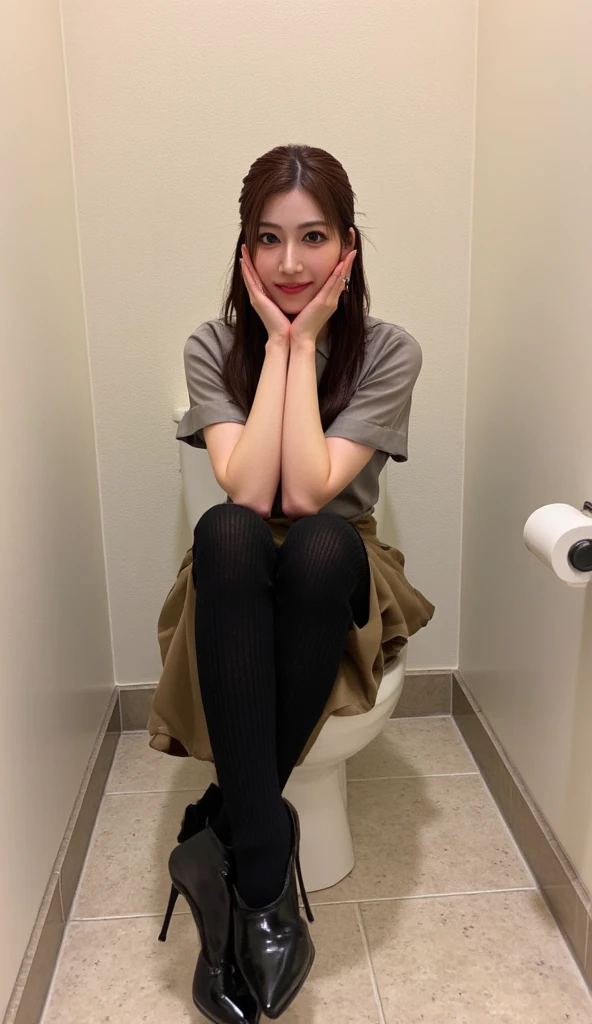 One of the ladies pees herself after being scared, standing, Indonesian face, 15 yo, peeing pants, pee stain