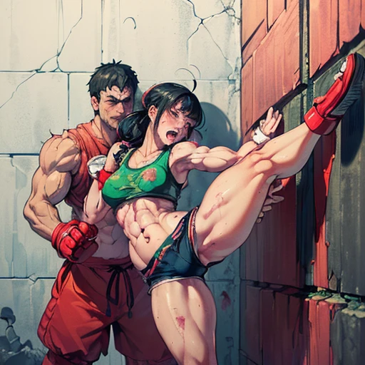 a male streetfighter is beating a female streetfighter's body so hard in the backstreet. a bloody beautiful Japanese female fighter is being punched terribly by a male fighter. She is slammed on the ground by the male. Blood is dripping from her nose. She is covered in scars and bruises. she is damaged terribry. Short-cut black hair, out of breath, drooling from mouth, one eye closd, crying, exhausted, drenched in sweat. Erect nipples. open finger glove. bra-top, denim shorts