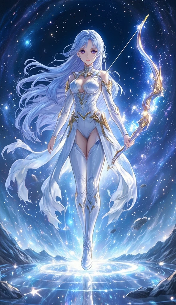 ((Full body)), (((Head to toe))), 1 female, Solo, beautiful blushing slender Goddess of Andromeda (((with wavy long silver hair))), Small bust, small breasts thin waist, Thin leg, (((against Andromeda Nebula background))), (((gorgeous star armor, loincloth))), star necklace, star tiara, silk Veil, (((American comic style with dark contours))), (((art by J. Scott Campbell)))