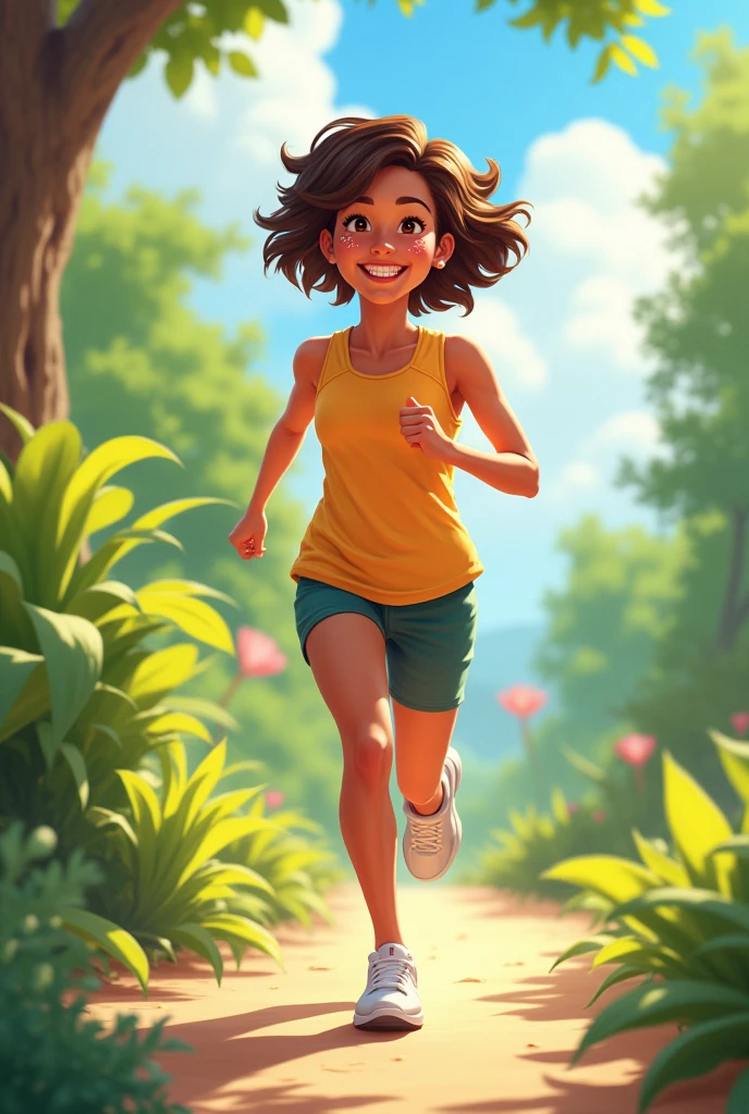 Chubby woman running in the park, she is tired, anime styling