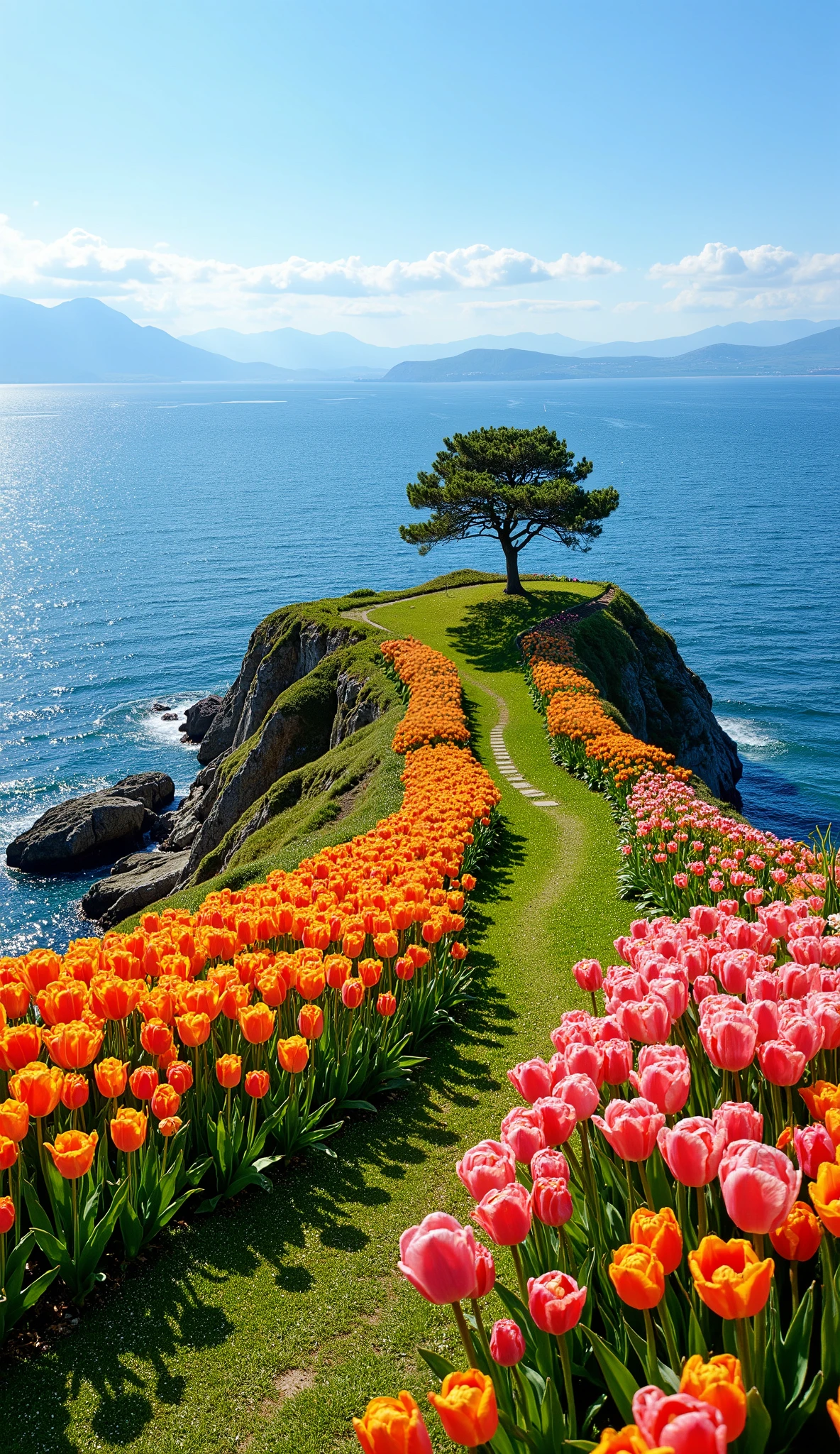 A breathtaking coastal landscape with vibrant tulip fields. The scene features a cliffside adorned with lush green grass and colorful tulips in shades of orange and pink. A winding path leads through the tulip fields, with a solitary tree standing on the edge of the cliff. The background showcases a vast, serene ocean under a clear blue sky, with distant mountains fading into the horizon.