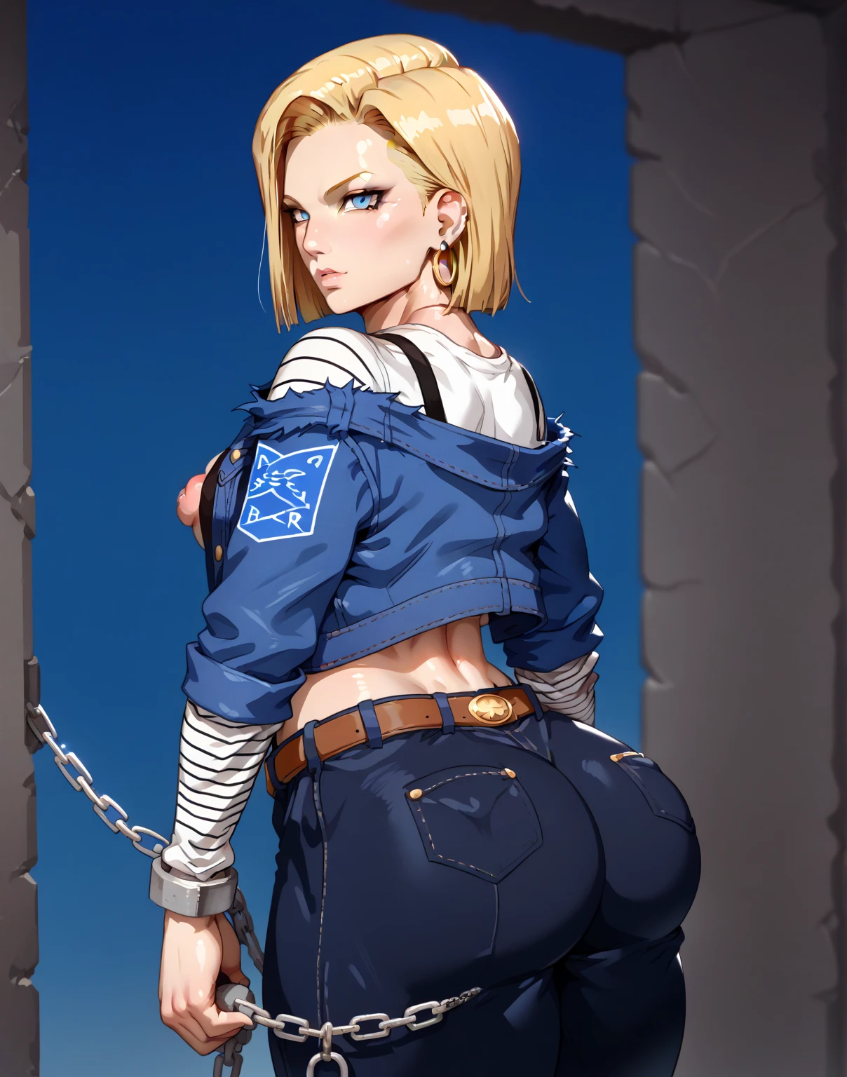 (masterpiece, best quality:1.1), thief (dq3), 1girl, solo, short hair, white hair, blue eyes, blush, medium breasts, pink gloves, jewelry, pearl necklace, earrings, belt, sword, yellow breastplate, black bodysuit, bag, (coin, sword on hip:1.2), (blue skies, nature:1.2) turned around, bent over, presenting ass, cameltoe, grabbing ass, spread buttcheeks,