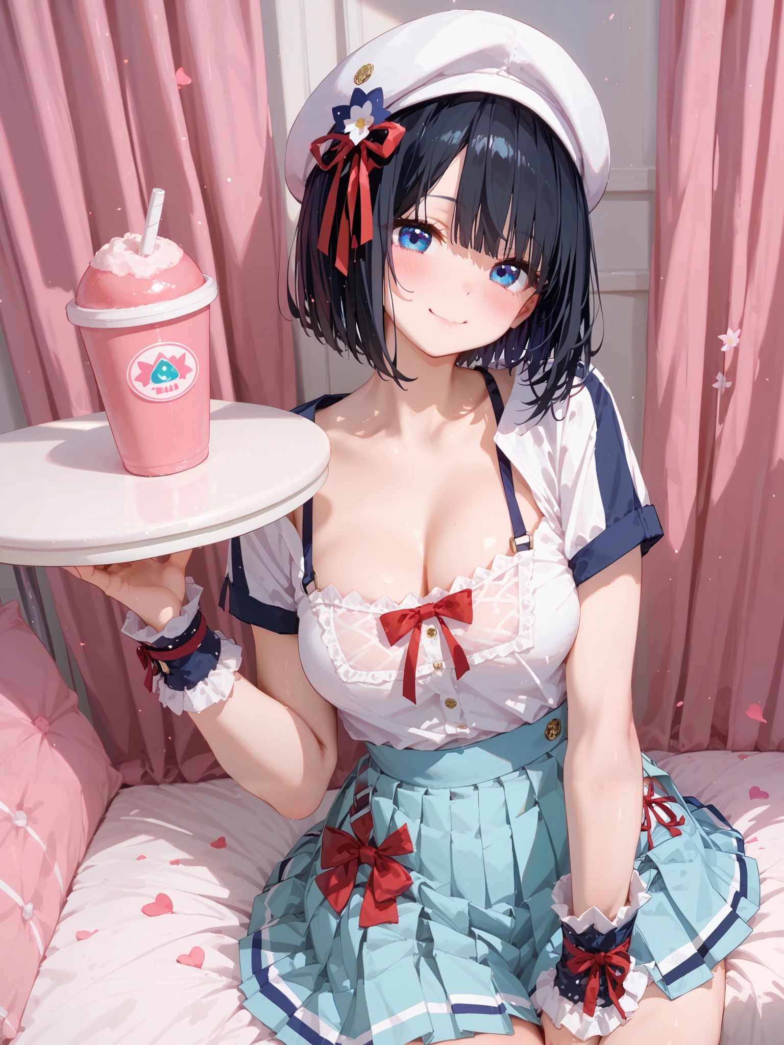 ((jetblack hair color)), bob cut hairstyle,,blue eyes, Pleated miniskirt,cute girl the anime style,A shy smile on your face,Cute thighs,girl turning around, Panty shot,super fine illustration,solo,wearing ankle-length socks, She is wearing cute underwear, high resolution、4K、detailed eyes、detailed cute face、red ribbon,(wide hips:1.4)、detailed gloss(attractive thighs:1.3)、focus on skirt、panties(slightly:0.7) is visible、(from the front:1.2)、
perfect lighting、perfect brightness、Pin up Girl