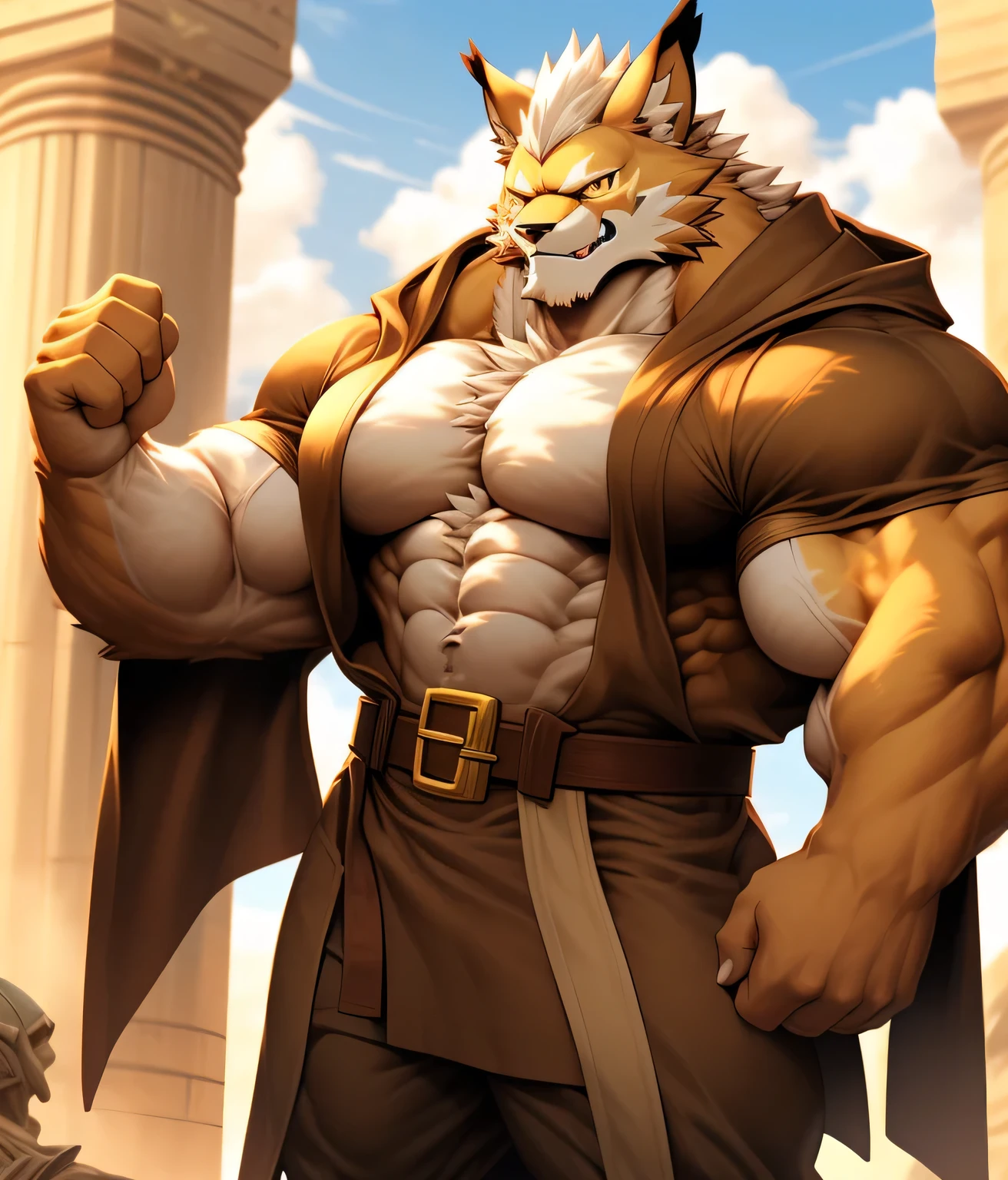 nj5furry, (lemon, Huge amounts of pubic, Huge, Young face), lemon, ((Extremely realistic shadows, Masterpiece, Extremely detailed, Photorealistic)), komono, Young, (((light brown fur))) lemon, ((Detailed face)) Reddens Nose, Red eyes, ((Detailed eyes)), brown tanned skin, tan fur, tan hair, 3 meters high, Optimal height, Tight clothing, A body full of muscles; Muscular pectorals, ripped abs, V-shaped body, Thick waist, Long legs, Strong arms masculinization, Handsome face, Charming cool face shape with a grim smile, Topless. The ruins of the Jedi Temple tomb behind him; Wearing a pair of dark brown leggings Jedi pants,Muscular thighs and light brown cloth bands are exposed. Biceps posture, Biceps, view the viewer.