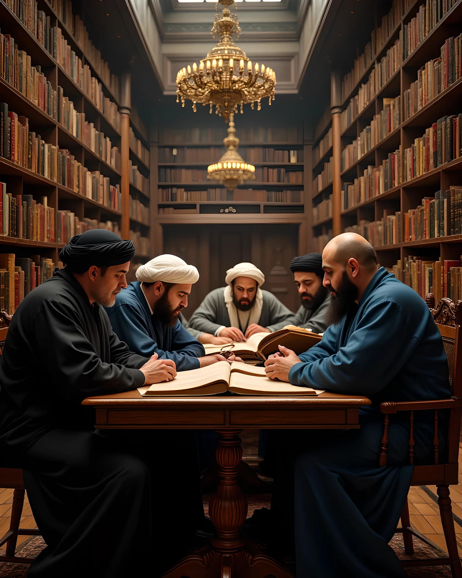 **Prompt:** Create a hyper-realistic, wide-angle image centered in a medieval Islamic library, showcasing a group of intricately detailed Arabic thinkers engrossed in their reading and discussion. All participants should be depicted wearing traditional medieval Arabic robes and turbans, holding ancient texts. The scene should capture a moment of intellectual exchange, highlighting the depth of scientific debate and study. Utilize cinematic angles to emphasize the symmetry and balance of the composition, with leading lines guiding the viewer's eye through the lush library filled with bookshelves in the background. Implement a mixed lighting concept to enhance the mood, creating a UHD ambience that reflects the warmth of the era. Pay attention to hyper-realistic textures and lifelike human anatomy, ensuring that the characters appear fully human and relatable. This artwork should strive for a level of detail and quality reminiscent of award-winning documentary photography, suitable for platforms like National Geographic and stemming from the creative realms of ArtStation and DeviantArt. Aim for an ultra-realistic and visually stunning piece that captures the essence of scholarly pursuit in a historical context.