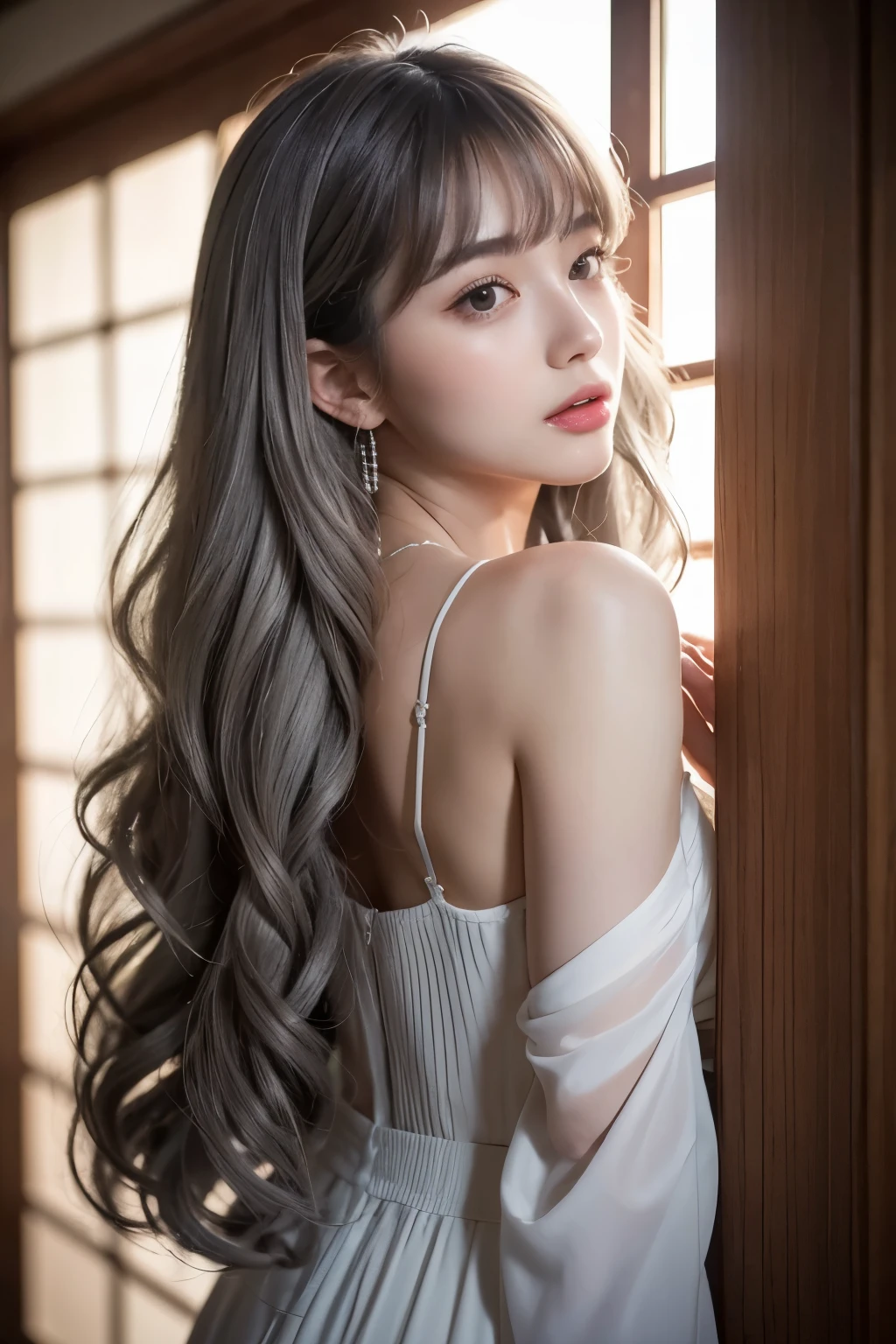 masterpiece, 8k, Award Winning Photos , Photorealistic, realistic, 非常に Details, super high definition, Ray Trakun, ///1 person, The most beautiful, 20 years old , (sexy, Has a Protruding Tongue ), (Gray Hair:1.2),///Human details glossy skin , details skin , Beautifully details face,RAW Photos, ( best quality, details:1.3), best quality, (Very Detailed), Hyper Details, ( Delicate Details ), ( complicated details), (Cinematic Light, best quality Backlights), Clear lines, From below, alone, soft Light, Mysterious, , soft , curly hair、girl' , Ocean, fairy tale, whole body, perfect body , ( large well-balanced breasts ), ((Accentuate the cleavage)), (((( allows nipples to be seen through)))), cute smile ,(Sweaty body:1.3)((More than a lace string bra))((nude))