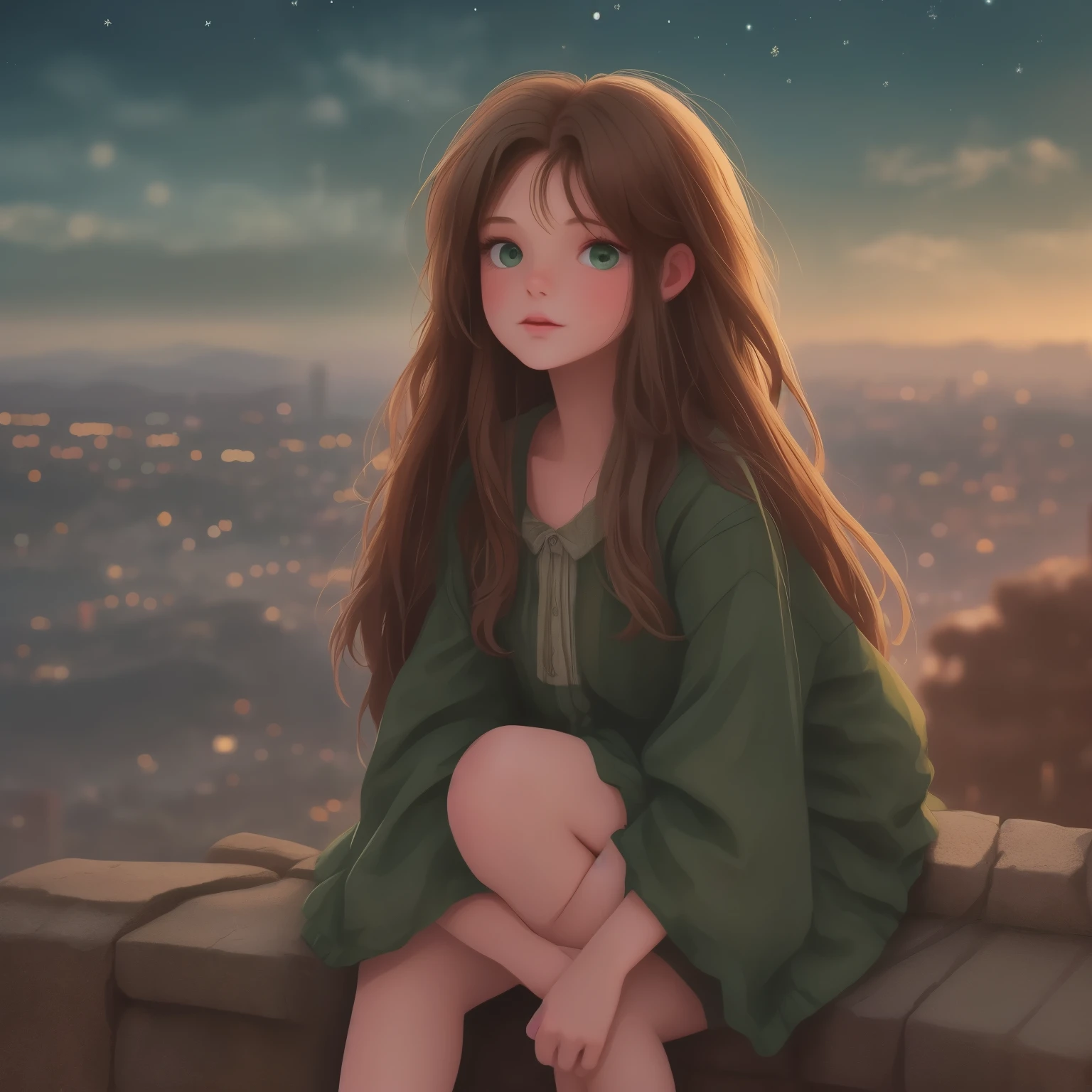 A girl with long brown hair dark green eyes looks down from a hill at the city below, her friends are near her. city lights, twilight, starry sky