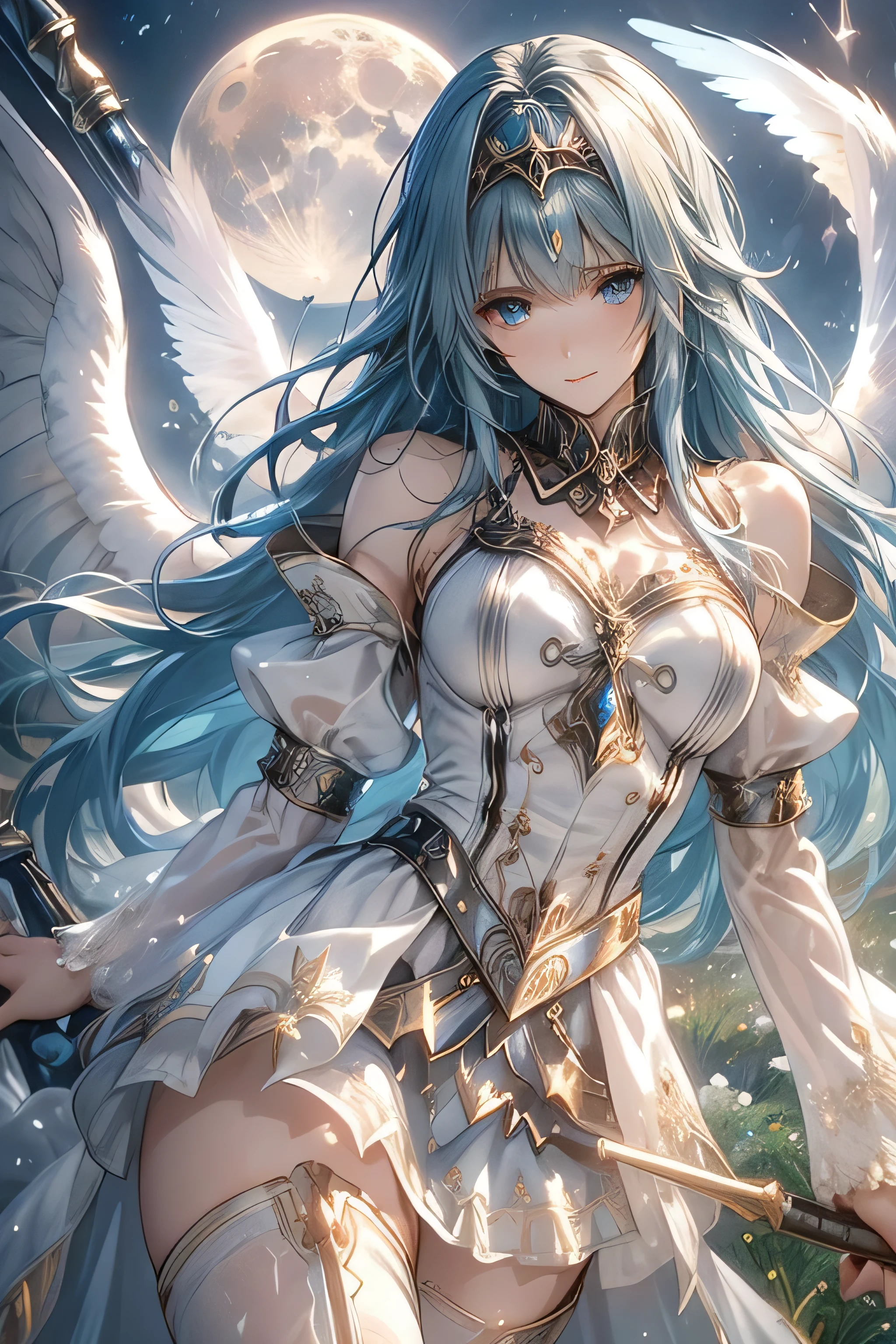 (((SFW、Highest quality、 A first-class masterpiece 、 Normal Body 、8k、 detailed faces 、 very accurate、 in a steel factory 、5See also、Highest)))、 valkyrie 、『 valkyrie Profile 2』、 blue eyes、 Blue Hair 、 long hair、 short、Big Breasts、 slender、 slim 、Pink Heart Dirty Belly Print、 muscle exposure、 Half naked 、Nipple Sheer Ultra Thin Transparent Pure White Dress、Ultra Thin Transparent Pure White Mini Skirt、 Slave's Iron Collar 、 trumpet、 Heavenly Wings、 where I lived 、throw a giant spear of light from above、moon、null、null in、 sacred、Goddess of Unity,High Resolution, Highest品質,