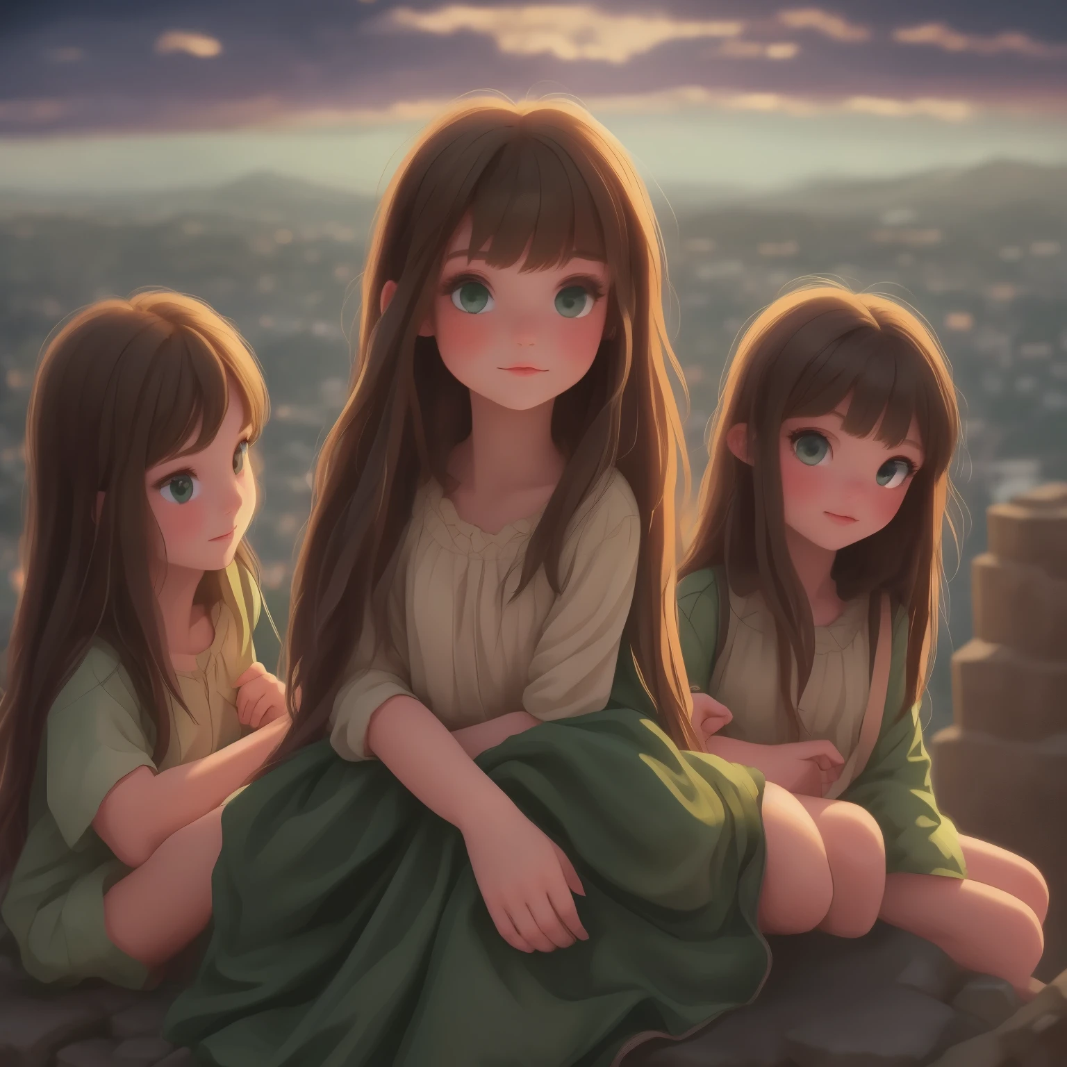 A girl with long brown hair dark green eyes looks down from a hill at the city below, her friends are near her. city lights, twilight, starry sky