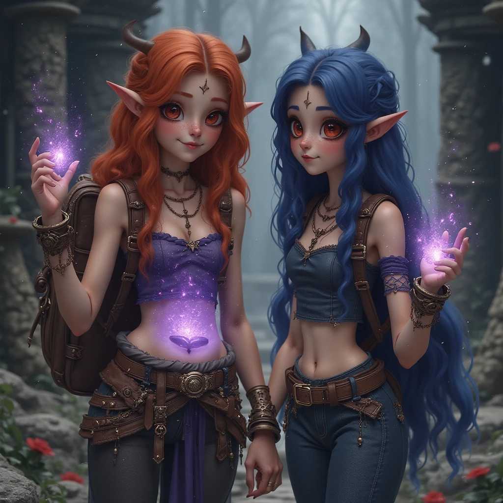 2 elf girls, 20 years old, multiucolor hair, long hair, extreme abs, cat ears, smiling, wicked smile, fantasy land, glowing plants, nighttime, particles of light, fireflies, epic, profound, video game aestetic, spellcaster, cozy scene