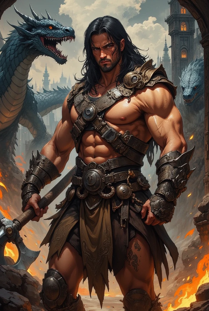 Barbarian wearing a metal helemt and armor standing in front of a simple background in the style of D14bl0