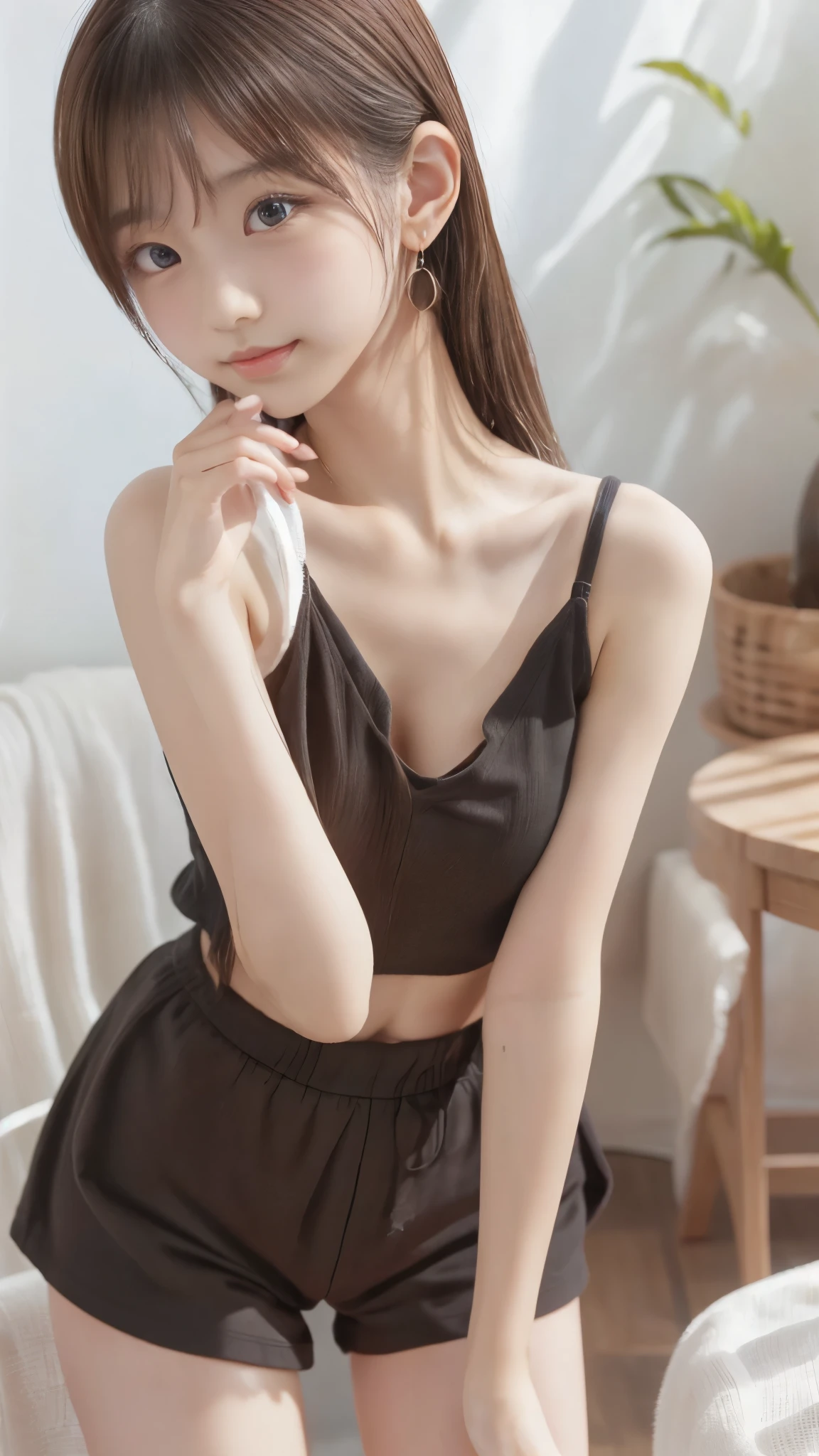 Black House、(One Beautiful Girl)、(baby face、 Transcendental Young Face)、Sidewarns hair、earrings、((slender body line))、tight waist、 small nice ass、thin thighs below eyes、Highest quality、8k、 RAW photos 、 reality、Ultra High Definition、(detailed hands:1.3, perfect right hand:1.2)、(((Cute pose by leaning forward)))、(small breasts、Brasilia:1.3)