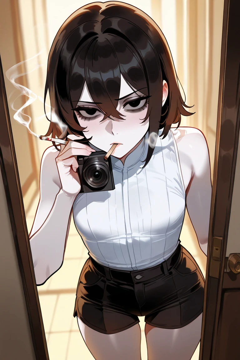 Anime girl with short curly black hair, dark brown eyes, thesis morena clara, big chest, ear piercing, somewhat thick lips, especially the upper one, taking a selfie photo, with a necklace and a nice black blouse