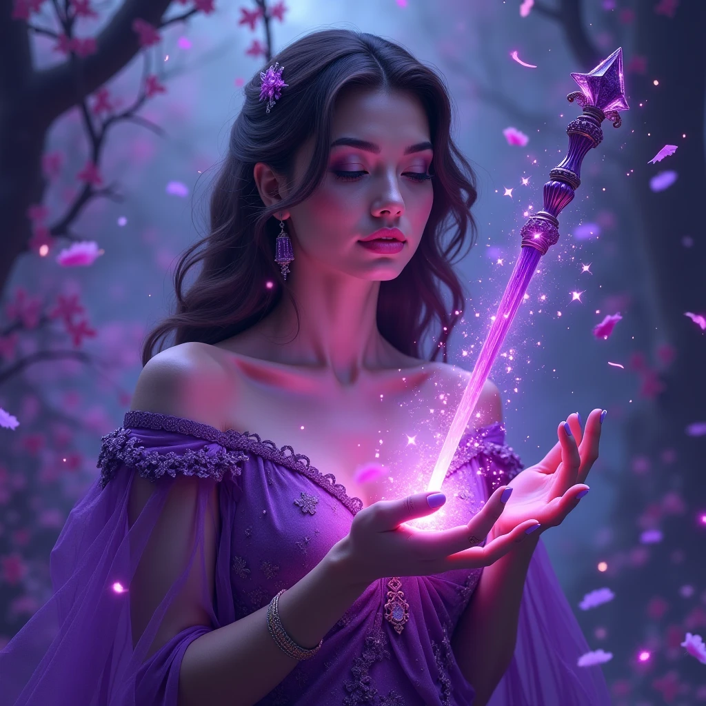 (masterpiece, best quality:1.5), highest quality, High resolution, super detailed, Realists, Upper body photo of a brunette 14 year old magical girl, detailed and beautiful eyes, beautiful detailed lips, very detailed eyes and face, longeyelashes, shiny satin dress, Holding a wand in your hand and performing a transformation spell, Magic wands present and shiny, Beautiful and colorful makeup, elegant and noble々The jewelry bag, Gardens as background, soft daylight, bright colors, fine brushstrokes, Portrait style, Silk dress fabric, beautiful color palette, glowing skin, First-class rendering, that captures every detail, enchanting atmosphere, subtle shadows and lights, (perfect ???????:1.2), (The two stunning magic girls perform magic together (a transformation with the magic wand:1.4), (magnificent panorama view:1.2)