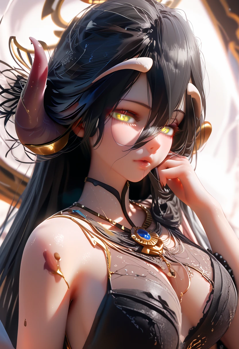 masterpiece, Raw photo，photorealism，High resolution，highest quality，High resolution, perfect composition, perfect face, perfect body, 16k，cinematic lighting，silver hair，Succubus，whip，latex，black，Charm，Demon's Castle Background、clavicle visible devil costume、close up of face、ponytail、close up of face、clavicle、earrings、