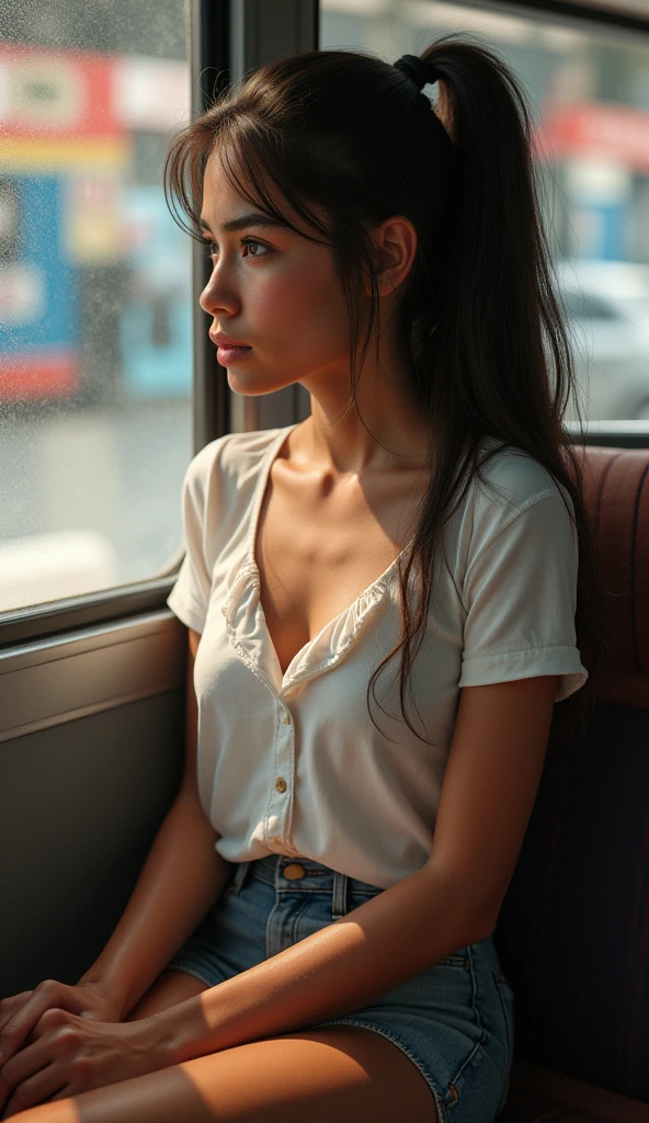 (best qualityer, ultra detaild, golden ratio, work of art:1.2), theatrical lighting:0.7, Foto de uma mulher, new, Perfect rare face, (highly detailed skin), randomly dyed hair, Hide your mouth with your hands、ridiculous, texture skin, pale skin, shining skin, (fine tune, Big size:1.2), [:(Sharp focus on rare face, perfects eyes:1.2):0.2], photorrealistic, film grain, Put one foot forward、from below looking up、Look to the camera、Emphasize the shoulders, facefocus、Stockings、cups、Smile with the corners of your mouth raised、disdainful expression, summer fog, subdued colors, soft warm colors, Cinematic portrait photo of a woman dressed in a striped dress sitting near the window in the early morning, cinematic, (leaned:1.3) (on an old train) appear cautious, standing under a spotlight, volumetric dust clouds, Main light, contra-luz, soft natural lighting, photography Film grain ISO 400 lens 30 mm RAW f1.8 opening, highy detailed (Analog photography:1), cores hdr
