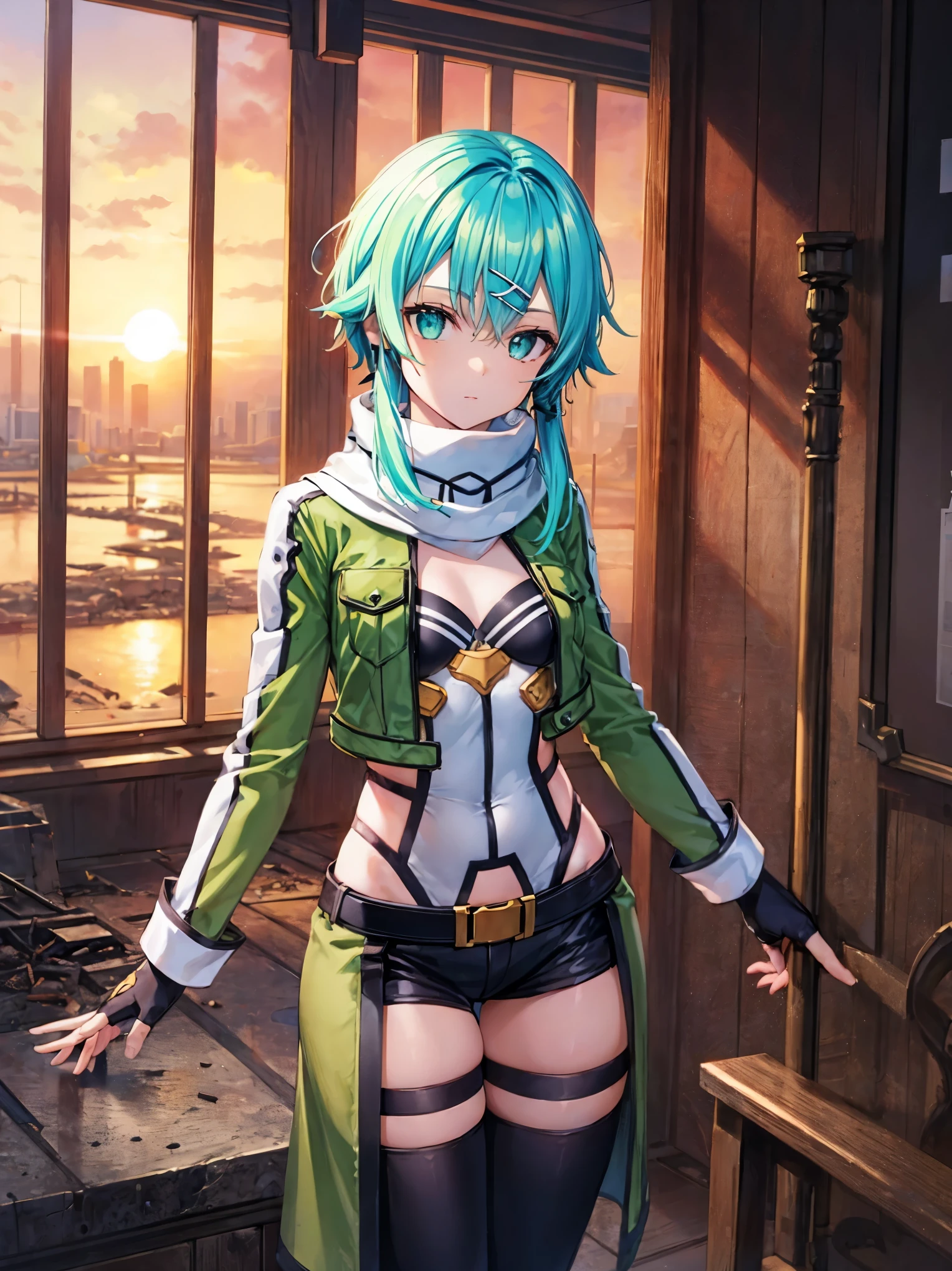 (masterpiece), Best quality, expressive eyes, perfect face, A high resolution, Sinon 1, scarf, fingerless gloves, long sleeves, short shorts, hair ornament, Hairclip, Green Knee Socks, green jacket, thigh strap, Hands on hips, field, ruins background, standing, cowboy shot, I look at the viewer