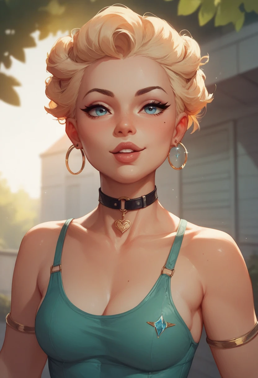 make a Caucasian blonde woman, pointed nose type, cat ears, vampire teeth, she's using a small jeans shorts and white tank t-shirt, stand, using white high heels, red lip, black simple chocker, Caucasian, muscular thighs and thick arms, it's sunset time and the sunlight is getting her face, realistic, full body render, arcane style, park background, sunset
