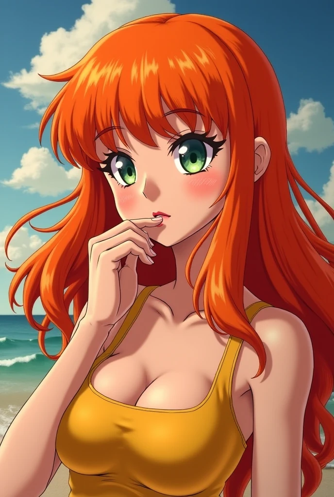 a cartoon picture of a woman in a bikini top and jeans, nami one piece, nami from one piece, nami, beautiful portrait of nami, from one piece, oppai, blue eyes, smoking, ponytail, nsfw
