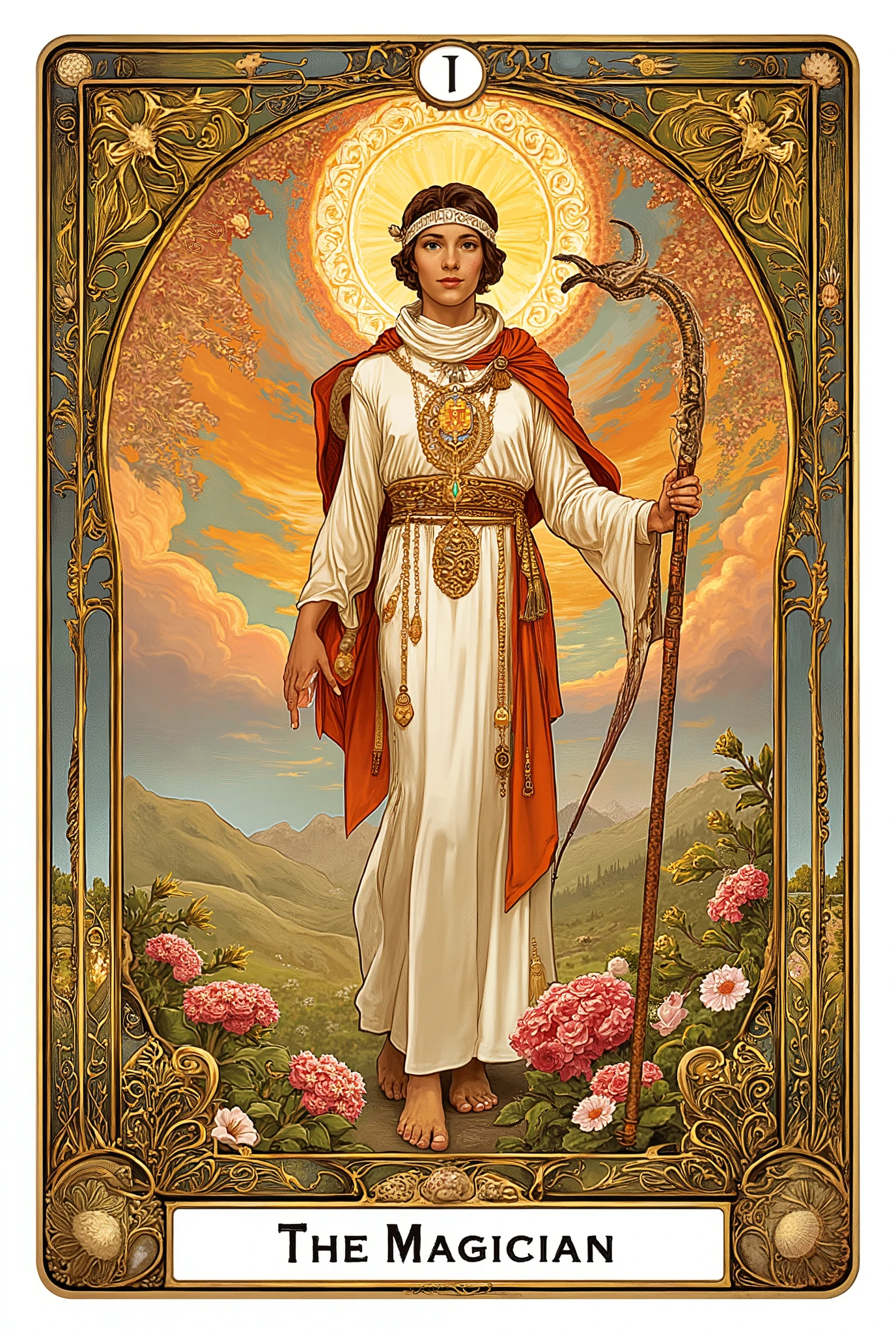 art nouveau style, a Magician character of tarot, Text says "THE MAGICIAN" at bottom, “I” at top.
The Magician points up with one hand and down with the other.
In his right hand, pointing upward, he holds a staff.
With his left hand he points to the earth.
He is a mediator between heaven and earth. Wears white hairband.
Above his head is a glowing lemniscate (a reclining 8 ), the symbol of eternity.
Wears white robe and another red robe over it
Around his waist he wears as a belt a snake, biting itself in the tail - an Ouroboros, also a symbol of eternity.
Nature above and below him is in full bloom.
Flower garden at the bottom