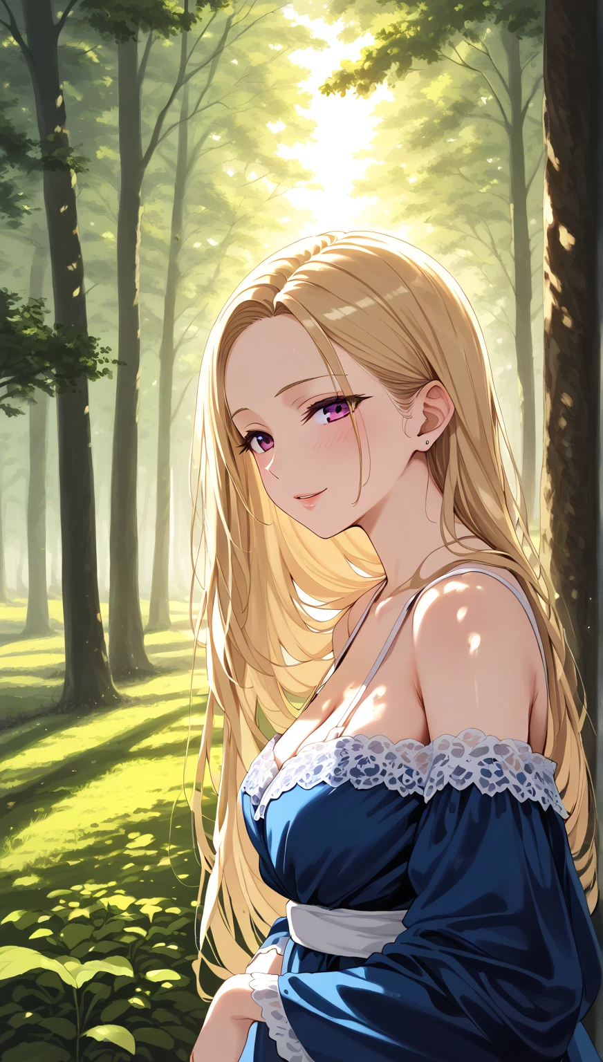 side angle, cinematic angle, looking up, Cleavage、Biologically correct five fingers、Upper Body, Realistic, real person, (pale skin: 1.2), RAW photo, photorealistic, shiny skin, shiny hair、(A 25-year-old woman with medium-length hair and bangs) and (wavy hair) and (Blonde Hair) and (green eyes) , BREAK (white) and (off shoulder blouse) BREAK 、 (smile:1.5), open mouth, The background is a park、Alone、Are standing