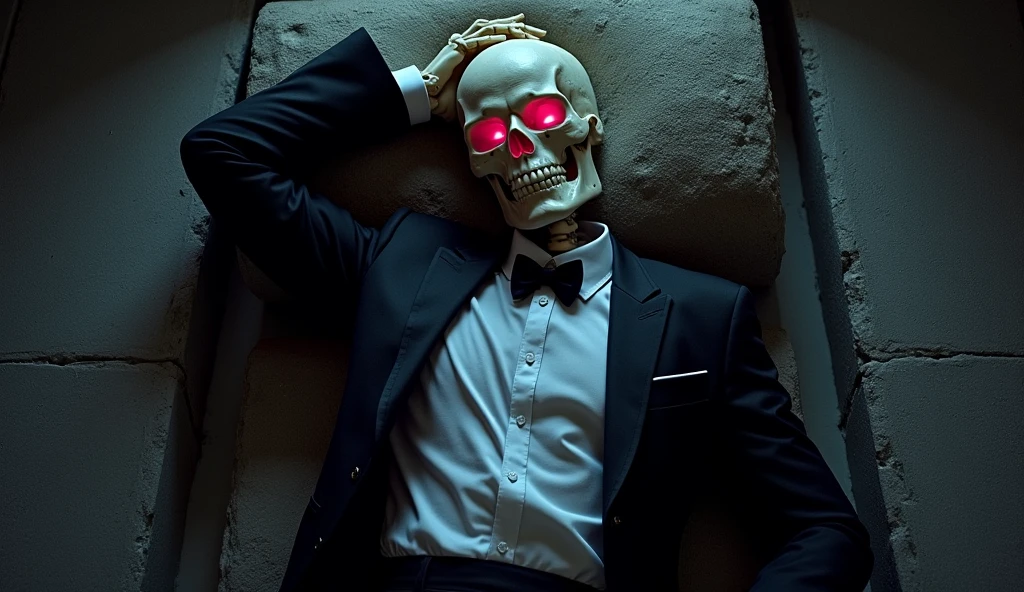 A dark god in a red suit, he has a left skeletal arm, his eyes black and dark, his tie black as night, his head white skull, full body, mischievous, evil smirk