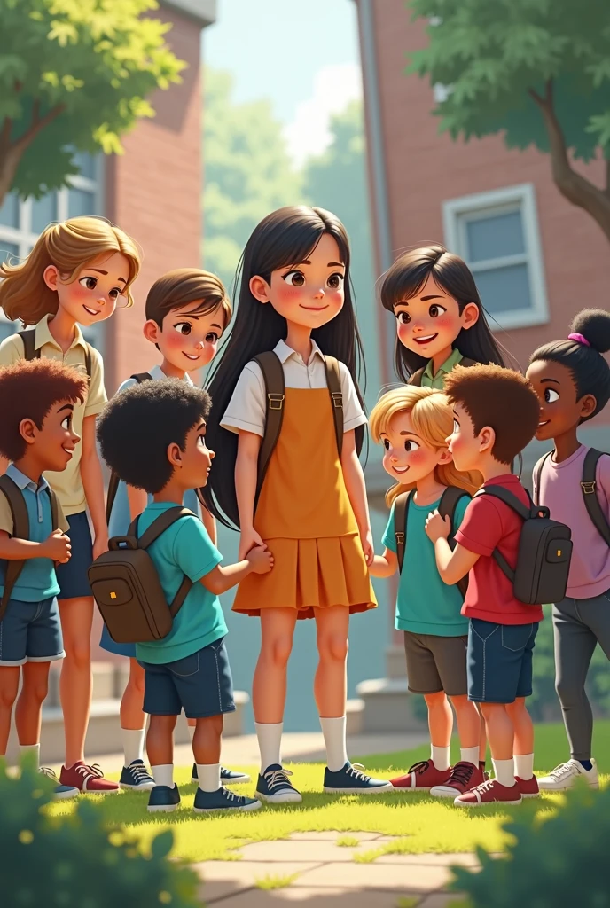 disney pixar movie character FIVE high school students wearing uniform (ONE tan and plus size male and FOUR white female) laughing and talking to one another.