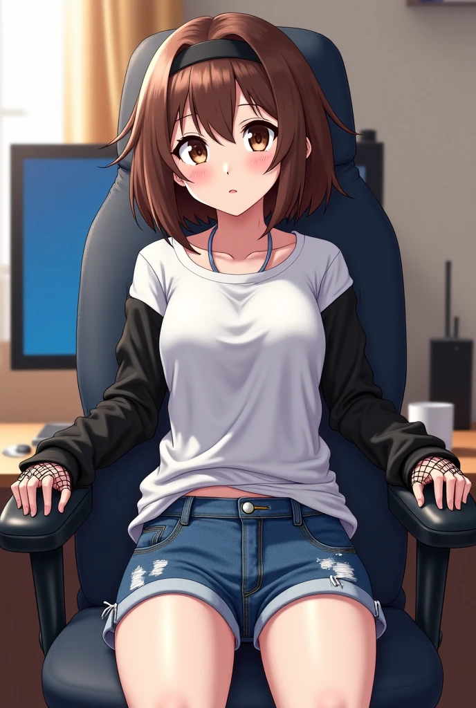 merula, sitting on a chair with her legs up, gaming chair, sexy pose, sitting pose, blue jeans, high heels pinks, legs up 