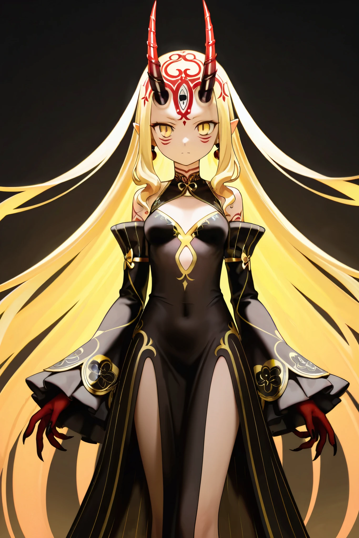 DarknessLora, blonde hair, red eyes, very long hair, horns, claws, choker, hair intakes, loincloth,