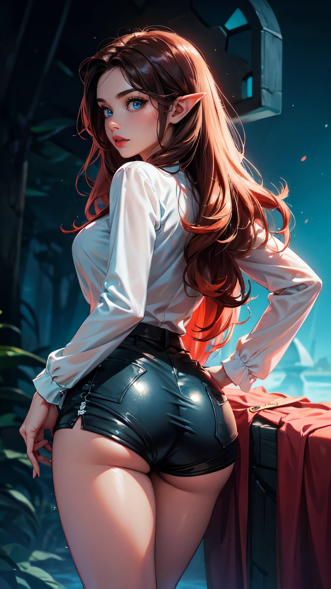 a beautiful, busty, redhead, tight see through crop top, black lace thong, thigh high socks, full body shot, back to viewer, looking over shoulder --auto --s2