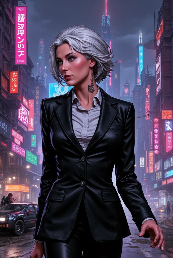 1girl,  short white hair,  cyberpunk setting,  sleek formal outfit,  neutral facial expression,  looking out the window with city view,  office,  crossed arms, <lora:oshader:1>