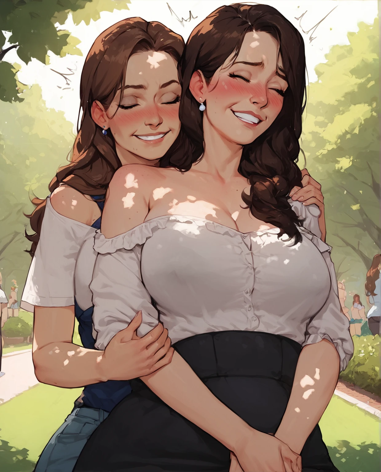 image of a mature woman hugging her daugther , 2girls, score_9up, score_8up, park background, sunny day, blush, long hair BREAK milf, brown hair, ugging daughter , 40years, closed eyes, smile, BREAK 18yo daughter, lack hair, embarrased, looking to the side, nervous, shoulder-free top