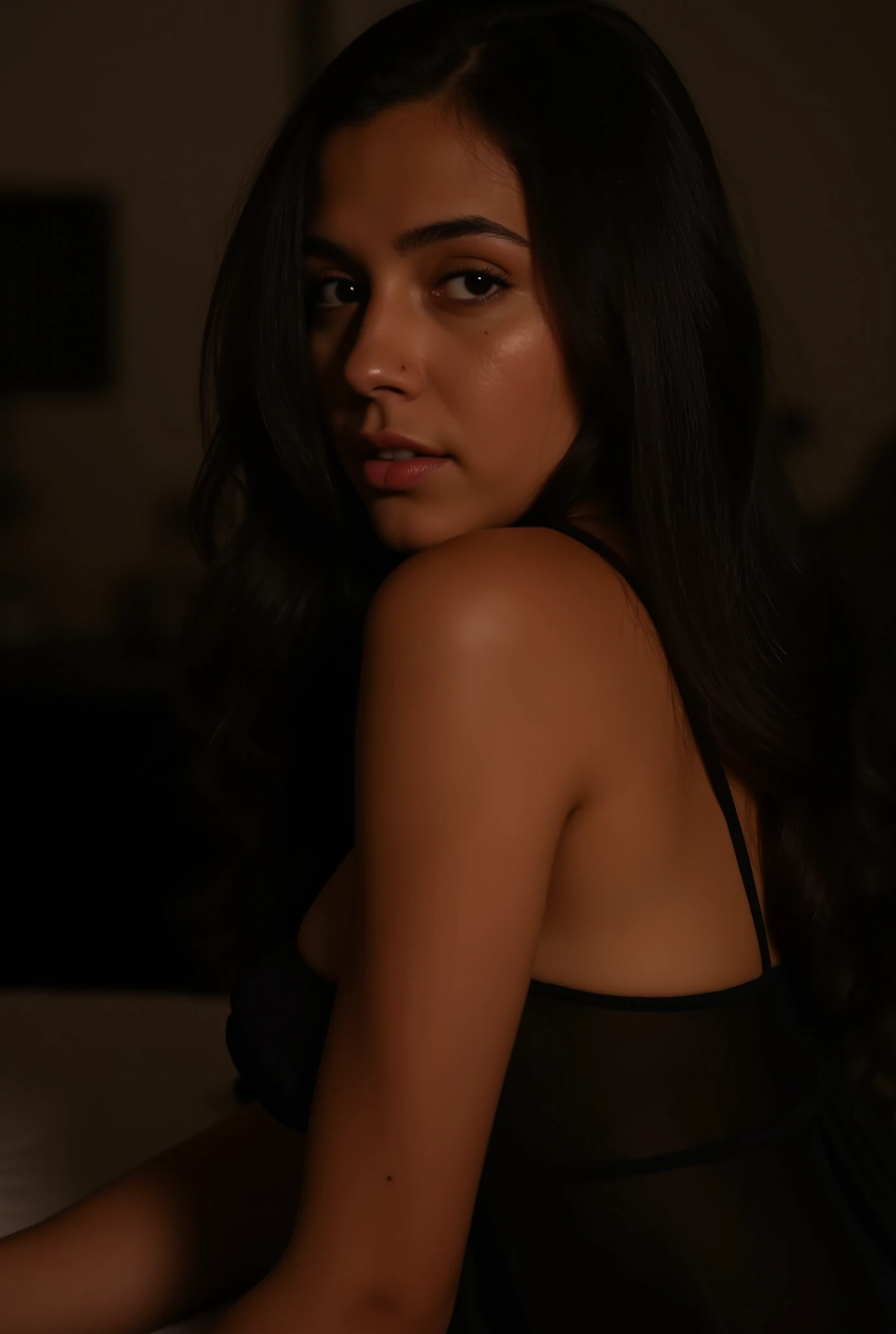 RAW photo,dark,moody,35mm focal lenght,underexposed,cold,candid photograph,artistic perspective,full body,photo of a beautiful,influencer,30yo Kurdish woman, detailed skin,naked, looking away from viewer, thick body structure,grey background,no background, candid pose,dim room,blue light, film grain, kodak color, instagram LUT