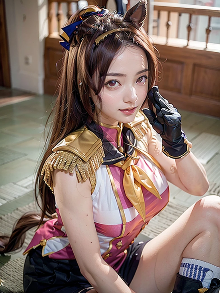 (reality: 1.4),highest quality, masterpiece, high detail, 16K quality, beautiful, 1 beautiful girl,japanese,super beautiful face,baby face,japanese idol face,cute face,super detailed face,detailed hand,beautiful skin,oily skin,big eyes,profeccional lighting,ponny tail,black hair,brown beautiful eyes, sitting whith knee up,arms behind back,big smile,legs spread,spread pussy,(skirt lift),big breasts,(topless),(checked skirt),(spread pussy),detailed pussy,black high socks,she is looking at the camera,Skyscraper rooftop,blue sky, nsfw,from below,